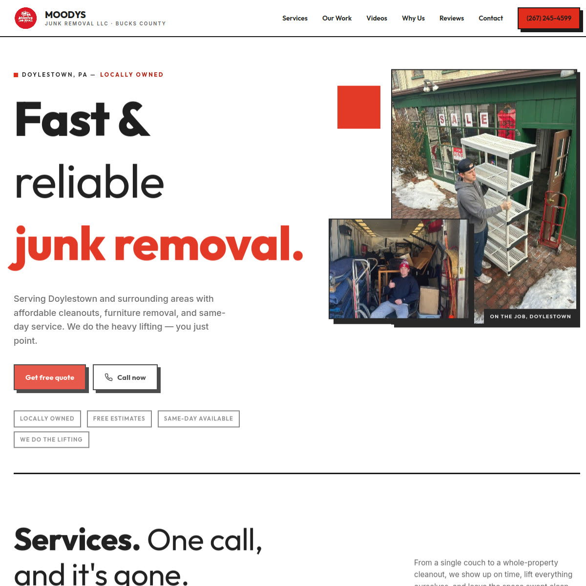 Screenshot of the Moodys Junk Removal website homepage, designed by JS Web Creations
